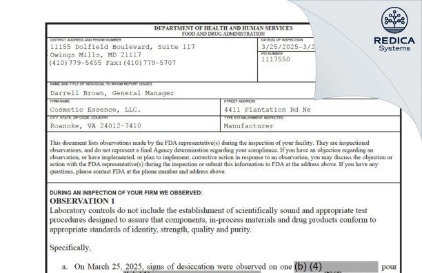 FDA 483 - Cosmetic Essence, LLC [Roanoke / United States of America] - Download PDF - Redica Systems