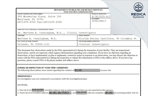 FDA 483 - Matthew A. Cunningham, M.D. [Orlando / United States of America] - Download PDF - Redica Systems