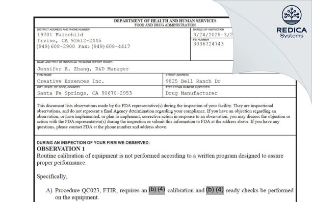 FDA 483 - Creative Essences Inc. [Santa Fe Springs / United States of America] - Download PDF - Redica Systems