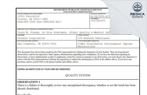 FDA 483 - Glaukos Corporation [San Clemente / United States of America] - Download PDF - Redica Systems