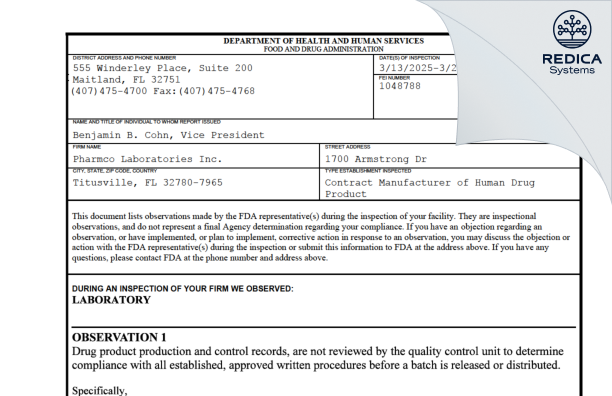 FDA 483 - Pharmco Laboratories Inc. [Titusville / United States of America] - Download PDF - Redica Systems