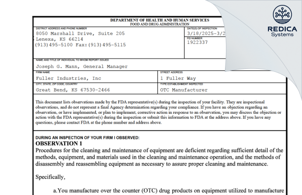 FDA 483 - Fuller Industries, Inc [Great Bend / United States of America] - Download PDF - Redica Systems