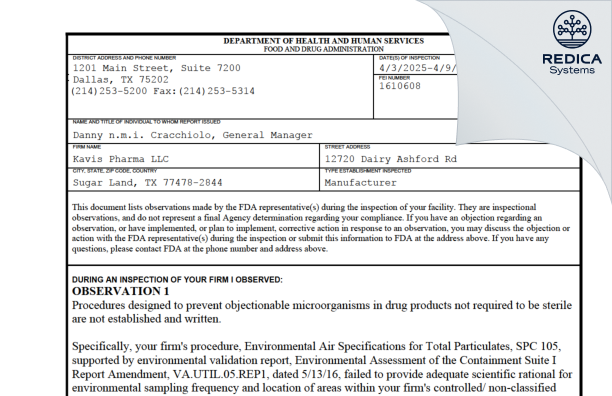 FDA 483 - Kavis Pharma LLC [Sugar Land / United States of America] - Download PDF - Redica Systems