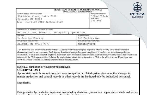 FDA 483 - L. Perrigo Company [Allegan / United States of America] - Download PDF - Redica Systems