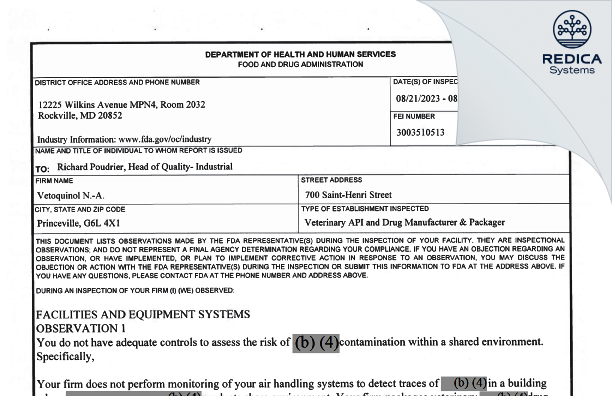 FDA 483 - Vetoquinol N.-A. INC [Princeville / Canada] - Download PDF - Redica Systems