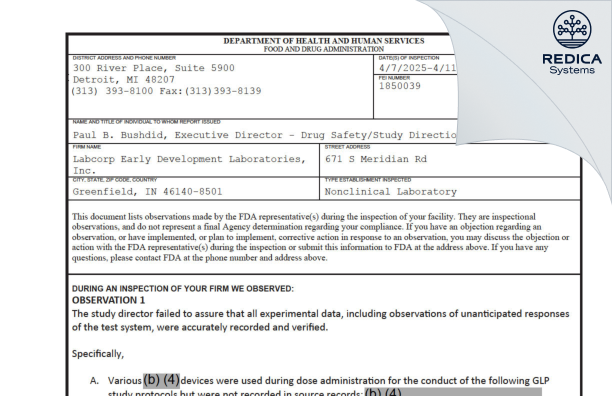 FDA 483 - Labcorp Drug Development Inc. [Greenfield / United States of America] - Download PDF - Redica Systems