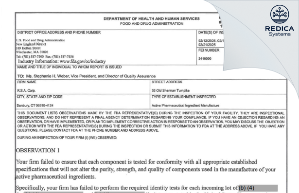 FDA 483 - R.S.A. Corp. [Danbury / United States of America] - Download PDF - Redica Systems