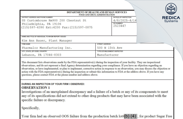 FDA 483 - Pharmaloz Manufacturing, Inc. [Lebanon / United States of America] - Download PDF - Redica Systems