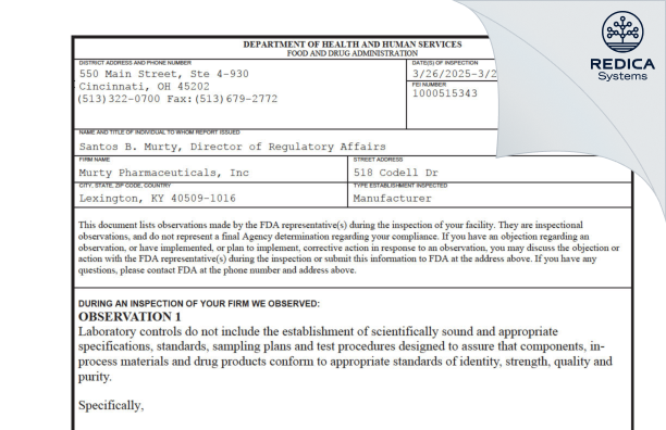 FDA 483 - Murty Pharmaceuticals, Inc. [Lexington / United States of America] - Download PDF - Redica Systems