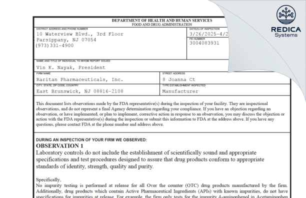 FDA 483 - RARITAN PHARMACEUTICALS INCORPORATED [East Brunswick / United States of America] - Download PDF - Redica Systems