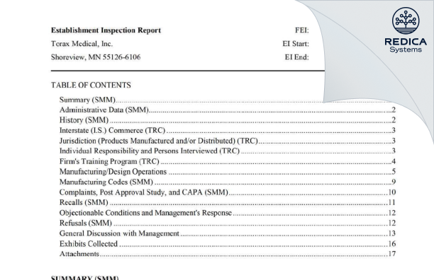 EIR - Torax Medical, Inc. [Blue Ash / United States of America] - Download PDF - Redica Systems