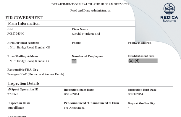 EIR - Kendal Nutricare Ltd. [Kendal / United Kingdom of Great Britain and Northern Ireland] - Download PDF - Redica Systems