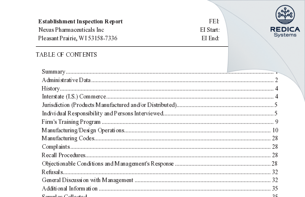 EIR - Nexus Pharmaceuticals, LLC [Pleasant Prairie / United States of America] - Download PDF - Redica Systems
