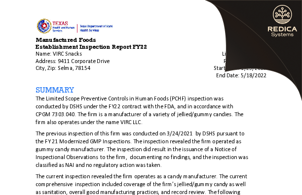 EIR - VIRC LLC [Selma / United States of America] - Download PDF - Redica Systems