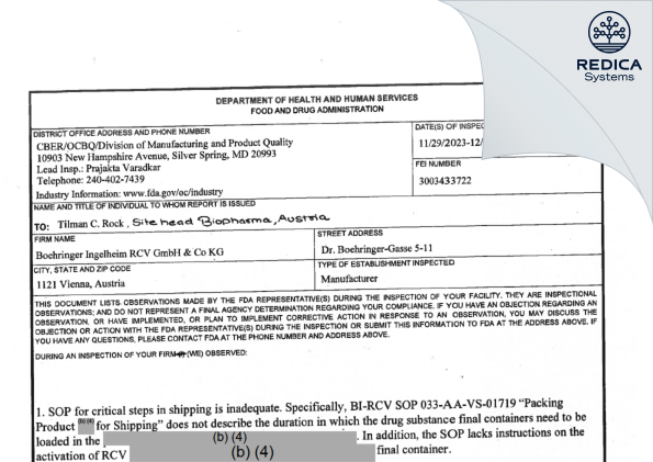 FDA 483 - Boehringer Ingelheim RCV GmbH & Co KG [Wien / Austria] - Download PDF - Redica Systems