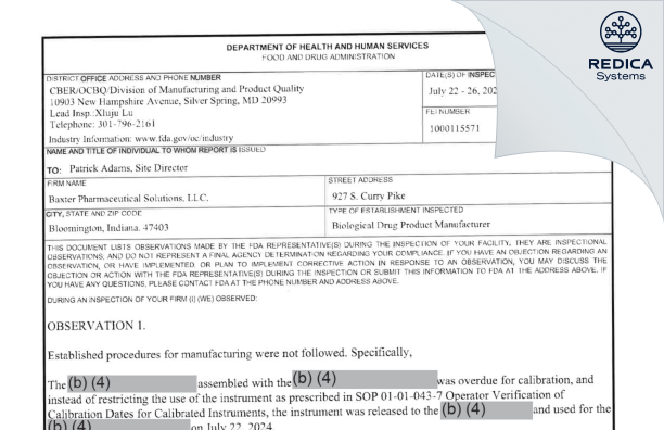 FDA 483 - Baxter Pharmaceutical Solutions LLC [Bloomington / United States of America] - Download PDF - Redica Systems
