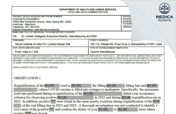 FDA 483 - SERUM INSTITUTE OF INDIA PRIVATE LIMITED [Pune / India] - Download PDF - Redica Systems