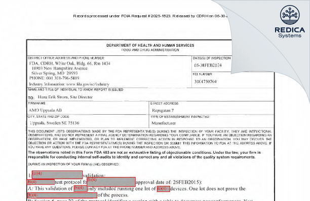 FDA 483 - AMO Uppsala AB [Uppsala / Sweden] - Download PDF - Redica Systems
