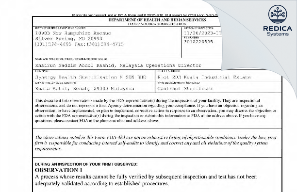FDA 483 - Synergy Health Sterilisation M SDN BHD [Miri / Malaysia] - Download PDF - Redica Systems