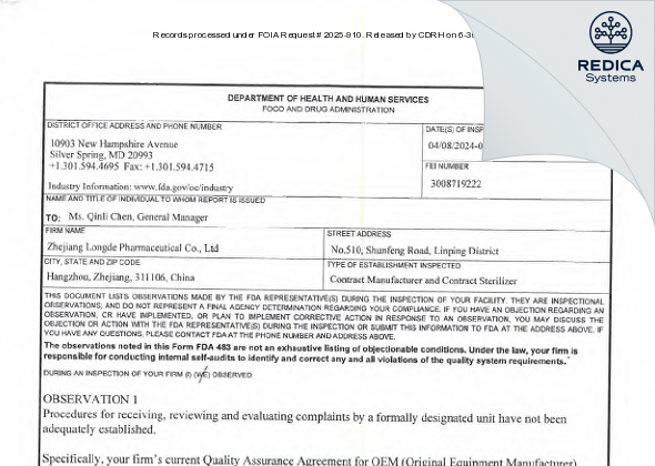 FDA 483 - Zhejiang Longde Pharmaceutical Co., Ltd [Linping / China] - Download PDF - Redica Systems