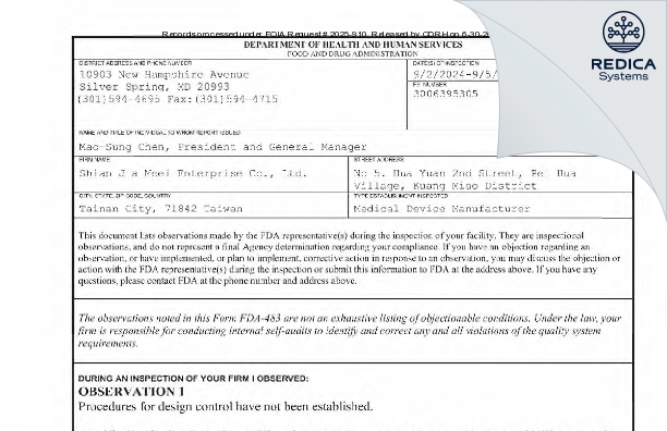 FDA 483 - Shian Jia Meei Enterprise Co., Ltd [Guan Miao Qu / Taiwan] - Download PDF - Redica Systems