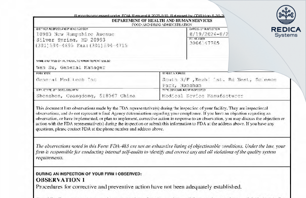 FDA 483 - General Meditech Inc [Longgang / China] - Download PDF - Redica Systems