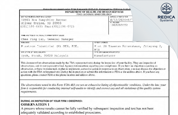 FDA 483 - Plaxtron Industrial (M) SDN. BHD. [Ipoh / Malaysia] - Download PDF - Redica Systems