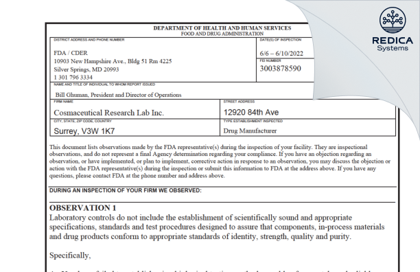 FDA 483 - Cosmaceutical Research Laboratory Inc [Surrey / Canada] - Download PDF - Redica Systems