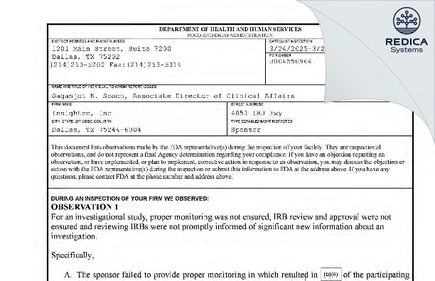 FDA 483 - Insightec, Inc - Sponsor [Dallas / United States of America] - Download PDF - Redica Systems