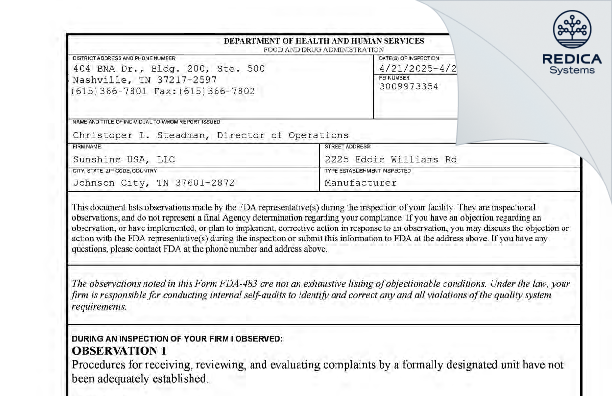 FDA 483 - Sunshine USA, LLC [Kingsport / United States of America] - Download PDF - Redica Systems