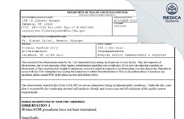 FDA 483 - Flexbar Machine Corp [Islandia / United States of America] - Download PDF - Redica Systems