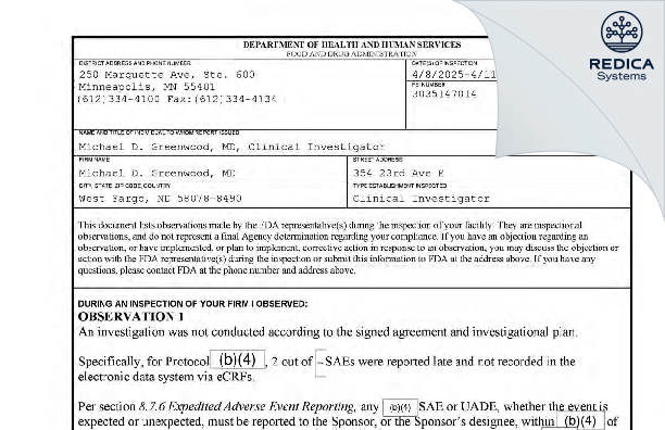 FDA 483 - Michael D. Greenwood, MD [West Fargo / United States of America] - Download PDF - Redica Systems
