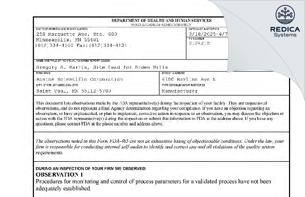 FDA 483 - Boston Scientific Corporation [Saint Paul / United States of America] - Download PDF - Redica Systems