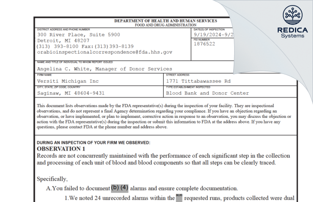 FDA 483 - Versiti Michigan Inc [Saginaw / United States of America] - Download PDF - Redica Systems