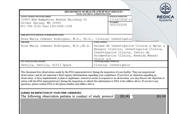FDA 483 - Rosa Maria Jimenez Rodriguez, M.D.,Ph.D. [Sevilla / Spain] - Download PDF - Redica Systems
