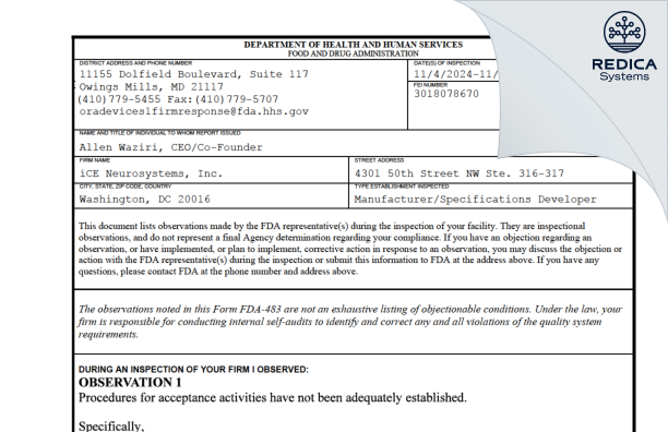 FDA 483 - ICE NEUROSYSTEMS [Washington / United States of America] - Download PDF - Redica Systems