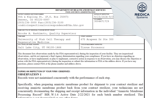 FDA 483 - University of Utah Cell Therapy Facility [Salt Lake City / United States of America] - Download PDF - Redica Systems