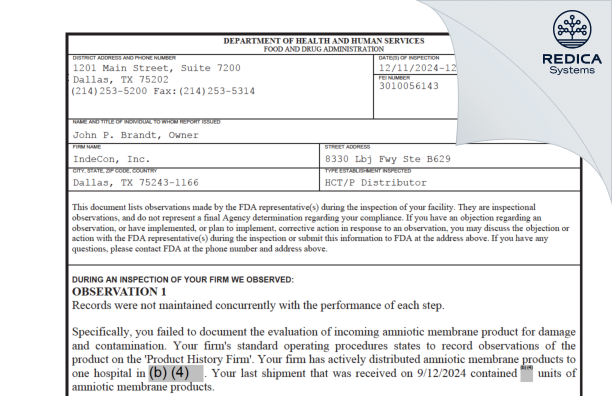 FDA 483 - IndeCon, Inc. [Dallas / United States of America] - Download PDF - Redica Systems