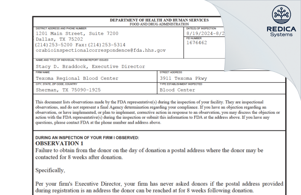FDA 483 - Texoma Regional Blood Center [Sherman / United States of America] - Download PDF - Redica Systems