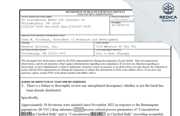 FDA 483 - Krystal Biotech, Inc. [Pittsburgh / United States of America] - Download PDF - Redica Systems