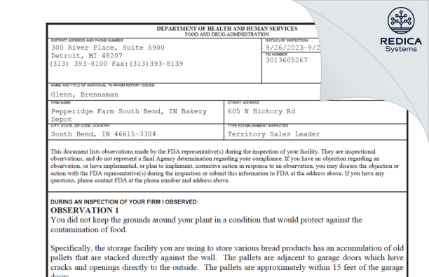 FDA 483 - Pepperidge Farm South Bend, IN Bakery Depot [South Bend / United States of America] - Download PDF - Redica Systems