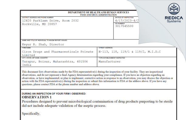 FDA 483 - CIRON DRUGS AND PHARMACEUTICALS PVT LTD [Palghar Sub-District / India] - Download PDF - Redica Systems