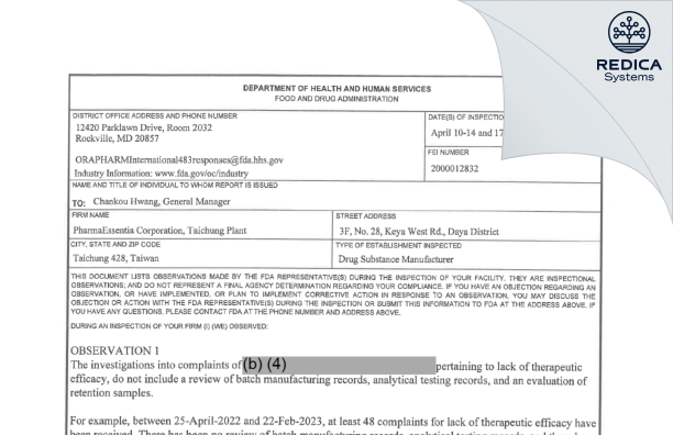 FDA 483 - PharmaEssentia Corporation, Taichung Plant [Daya District / Taiwan] - Download PDF - Redica Systems