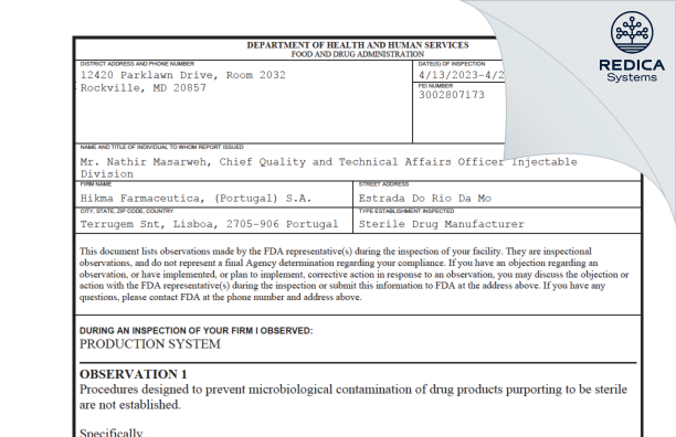 FDA 483 - HIKMA FARMACEUTICA (PORTUGAL), S.A [Sintra / Portugal] - Download PDF - Redica Systems