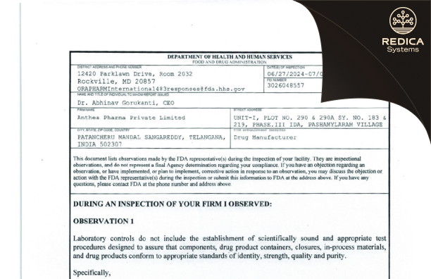 FDA 483 - Anthea Pharma Private Limited [Patancheru / India] - Download PDF - Redica Systems