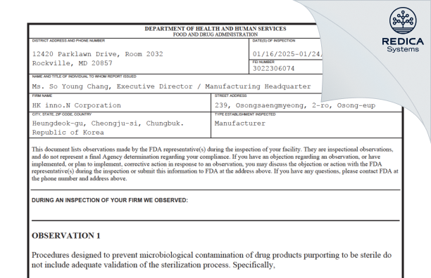 FDA 483 - HK INNO.N CORPORATION [Cheongju-Si / Korea (Republic of)] - Download PDF - Redica Systems