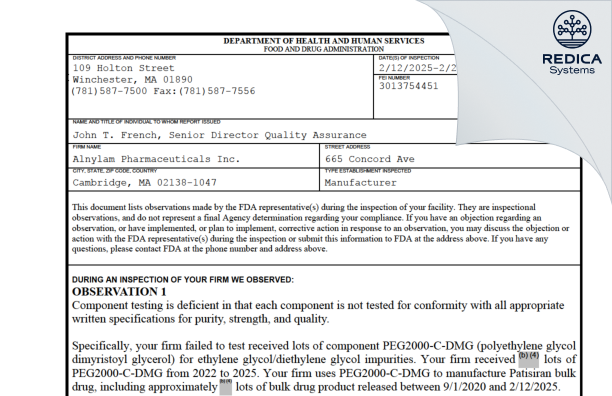 FDA 483 - Alnylam Pharmaceuticals Inc. [Cambridge / United States of America] - Download PDF - Redica Systems