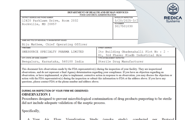 FDA 483 - ONESOURCE SPECIALTY PHARMA LIMITED [Dodda Ballapur / India] - Download PDF - Redica Systems