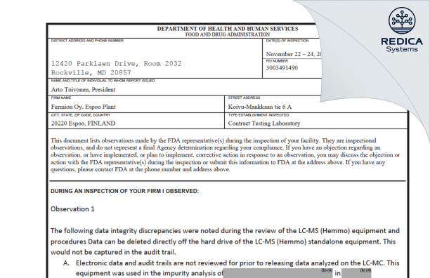 FDA 483 - Fermion Oy [Espoo / Finland] - Download PDF - Redica Systems