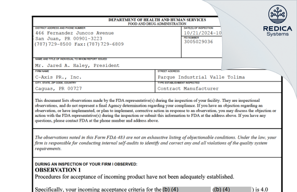 FDA 483 - C-Axis PR., Inc. [Cañabón / Puerto Rico] - Download PDF - Redica Systems